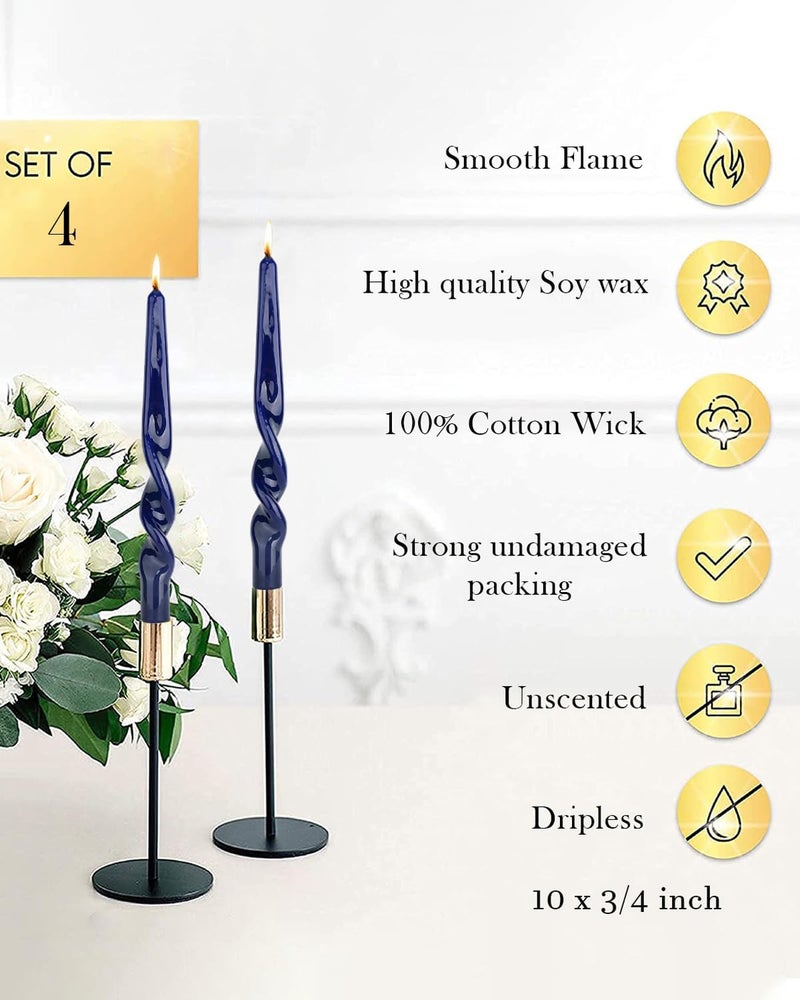 LPUSA Navy Spiral Taper Candles Twisted Candle Conical Stick Candles for Holiday Wedding Party Wax Unscented Dinner Candle Dripless,Christmas Gift10inch,4pcs(Navy-A) - Image 4